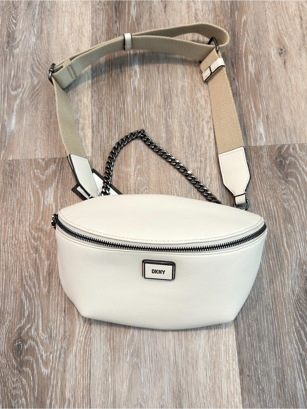 DKNY Cream Leather Crossbody Belt Bag with Tan Strap